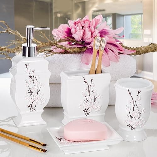 Creative Scents Vanda Bathroom Set - Cherry Blossom White Bathroom Accessories Set - 4 Piece Floral Bathroom Soap Dispenser Set Includes: Lotion Dispenser, Toothbrush Holder, Tumbler & Soap Dish thumbnail 2