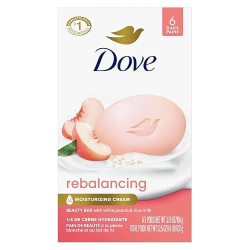 Dove Beauty Bar Soap Rebalancing White Peach & Rice Milk 6 Count for a Nourished and Moisturized Skin, with ¼ Moisturizing Cream Plant-Based Formula, 3.75 oz - Image 1
