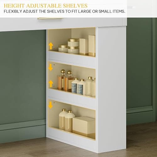 DWVO Makeup Vanity Desk with Mirror & Lights, 40inch Vanity Table with Power Outlets, 4 Drawers & 6 Open Storage Shelves, 3 Color Modes & Adjustable Brightness Dressing Table for Bedroom, White thumbnail 7