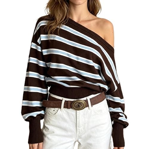 Women Striped Sweater Off Shoulder Long Sleeve Loose Pullover Knitwear | Contrasting Color, Cinched Waist Cozy Cropped Sweater, Relaxed Fit, Fall Winter Casual Pullover, Vintage Aesthetics Sweater - Image 1