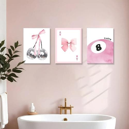 Framed Pink Canvas Wall Decor Set of 3, Pink Bow Wall Art Oil Painting, Girls Preppy Room Decor Picture, Trendy Disco Ball Print Poster for Teen Girl Apartment Bedroom Living Room Aesthetic 12x16 Inch thumbnail 7