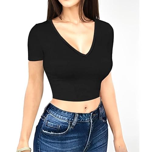 1 & 9 Crop Tops for Women Short Sleeve V Neck Sexy Going Out Tops Cute Shirts Basic Tees for Women's Summer Y2k Fashion thumbnail 2