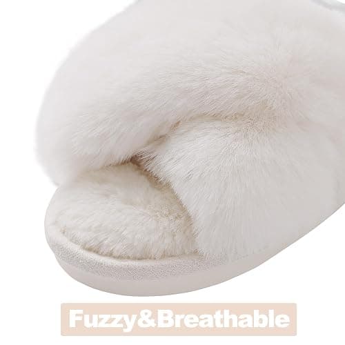 Evshine Women's Fuzzy Slippers Cross Band Memory Foam House Slippers Open Toe thumbnail 3