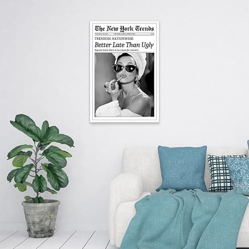 FBKDVC Retro Trendy Black And White Women Newspaper Canvas Wall Art Poster Better Late Than Ugly Vintage Funky Girl Aesthetic Preppy Print For Bar Cart Girl Dorm Bathroom Decor 8x12in Unframed thumbnail 5