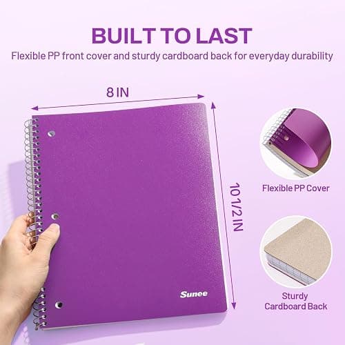 SUNEE Spiral Notebook, 1-Subject, College Ruled Paper, 8" x 10-1/2", 100 Sheets per Notebook, 3-Hole Punched Paper, Water Resistant Cover, Double-sided Pockets, Dark Purple thumbnail 3