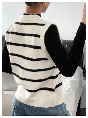 SHENHE Women's Striped Sweater Vest Sleeveless Button Up Dressy Casual Knit Vest Cardigan thumbnail 2