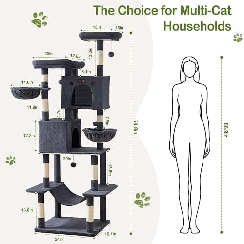 Large Cat Tree Tower for Indoor Cats Adult, 74.8 Inch Tall Large Multi-Level Tree Towers with Scratching Posts, Condo, Hammock, Bed for Big Cats, Modern Cat Trees Furniture Heavy Duty (Dark Gray) thumbnail 8