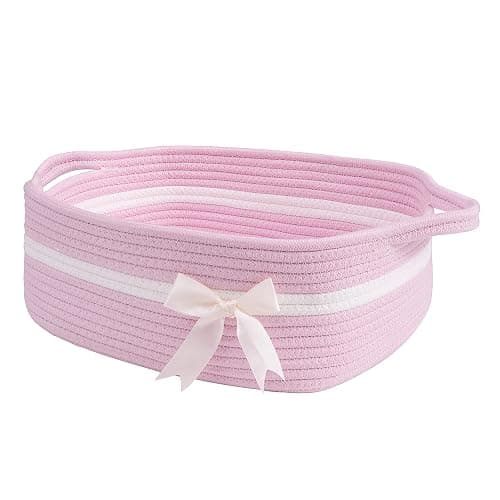 CHICVITA Pink Baby Girl Gift Basket, Small Woven Rope Basket, Rectangle Shelf Baskets for Bathroom, Cute Nursery Storage Baskets for Toys, Diapers, Towels, Snacks, 13 x 9.8 x 5 inches - Image 1