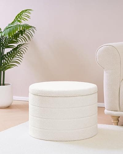 B FSOBEIIALEO Ottoman with Stroage, Round Sherpa Storage Ottoman Stool, Boucle Foot Rest22 x 22"x15.75" (White) thumbnail 2