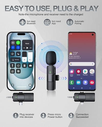 PQRQP 3 in 1 Professional Wireless Lavalier Microphone for iPhone/Android/Camera, Wireless Microphones, Mini Microphone, Crystal Clear Sound Quality for Recording, Live Streaming, Clips-Elegant Black thumbnail 2