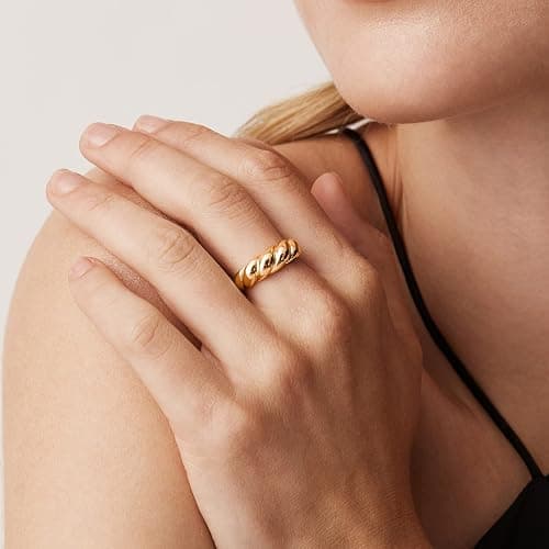 PAVOI 14K Gold Plated Croissant Dome Rings for Women - Trendy Twisted Braided Band - Chunky Signet Stackable Ring Stetement Jewelry thumbnail 4