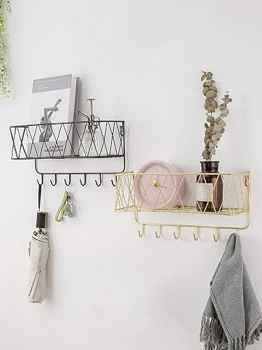YCOCO Wall Key Holder, Decorative Metal Wire Mesh Mail Storage Basket with 6 Hooks for Letters, Keys, Dog Leashes - Easy to Organize Entryway and Hallway thumbnail 5