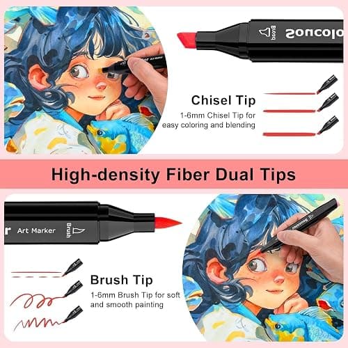 Soucolor 51 Colors Alcohol Markers Brush Tip, Dual Tip Brush & Chisel Alcohol-Based Art Markers, 50 Colors+1 Blender Drawing Coloring Art Supplies for Kids Artists Adults Teen Girl Gifts Trendy Stuff thumbnail 3
