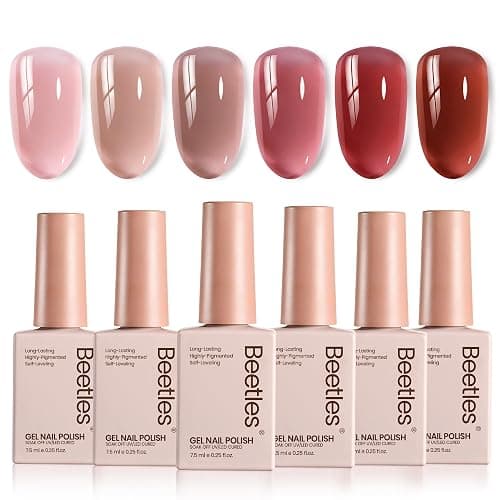 Beetles Jelly Gel Nail Polish Set - 6 Colors Neutral Fall Gel Polish Kit Nude Pink Red Brown Sheer Gel Translucent Effect Soak Off UV DIY Manicure French Nail Art Salon Gift for Girls Women - Image 1