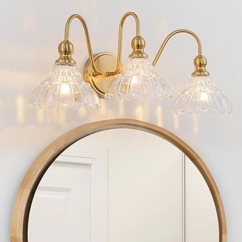 BrkNit Vintage Bathroom Light Fixtures Over Mirror, 3-Light Brass Wall Sconce Lighting with Flower Glass Shade, Farmhouse Vanity Lights for Bedroom Kitchen Living Room Hallway Light thumbnail 8
