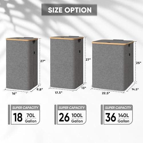 BALEINE Laundry Hamper with Lid, Tall Laundry Baskets with Bamboo Pull Handles, Large Laundry Bin with Internal Support (36 Gal/140L, Black) thumbnail 2