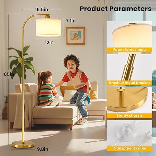 KQW Tall Floor Lamp for Living Room,65'' Modern Standing Lamps with 9W LED Bulb,Elegant Floor Light with Fabric Shade,Gold Tall Lamp for Bedroom Office Study Room Corner Dining Room thumbnail 5