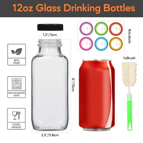 STARSIDE 12 oz Glass Juice Bottles with Lids 6 Pack - Square Reusable Drinking Jars for Juicing, Milk, Kombucha - Includes 1 Bottle Brush, 6 Colored Labels thumbnail 2