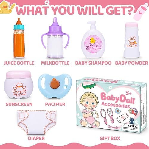 Baby Doll Accessories Set in Gift Box, 16 Pack Baby Doll Feeding Caring Kit with Pacifiers & Diaper Bag & Magic Bottles, Birthday / Christmas Party Goody Bag Stuffer, Toddler Kid Girl Pretend Play Toy thumbnail 4