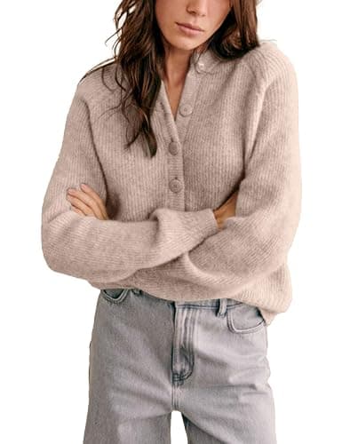 Bianstore Womens Casual Long Sleeve Crewneck Button Down Cardigan Chunky Knit Open Front Sweater Tops - Image 1