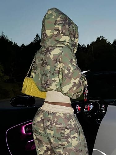 Gugujing 2 Piece Camouflage Tracksuit Set For Women,Long Sleeve Hooded Top With Wide Leg Pants,Casual Zipper Sweatsuit thumbnail 4