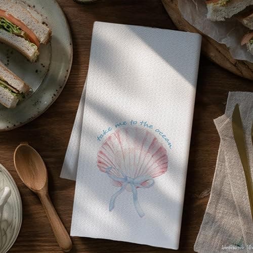Fyecoluo Pink and Blue Beach Seashell Kitchen Towels Decorative, Preppy Coastal Ocean Striped Dish Hand Tea Towels, Coastal Beach Kitchen Bathroom Decor, 16x24 Inch Set of 2 thumbnail 3