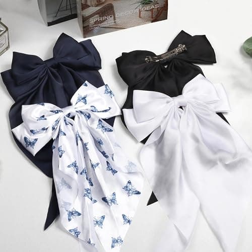 MIKONIKO Silky Satin Hair Bows for Women Girls - 4PCS Ribbon Bows for Hair, Big Bow Hair Clips with Long Tail, Barrettes - Cute Hair Accessories Gifts (Black, Navy, Butterfly, White) - Black, Navy, Butterfly, White thumbnail 6