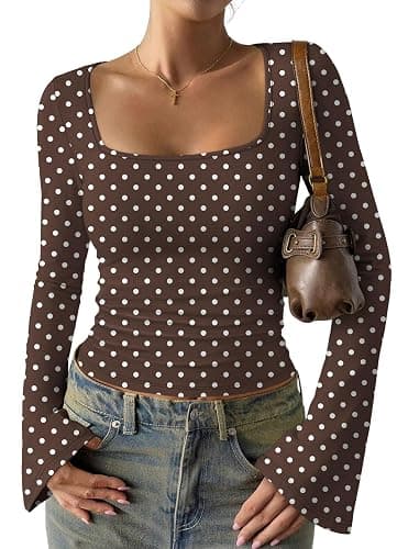 JUICICI Long Sleeve Shirts for Women 2026 Summer Crop Going Out Tops Casual Square Neck Bell Sleeve Ribbed Ruched Y2K Outfits - Image 1