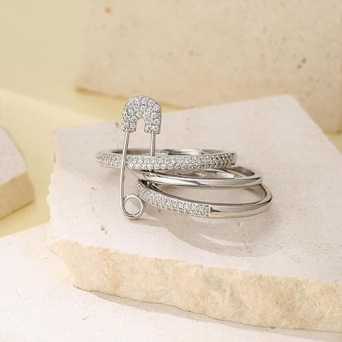 BLBLJERY Safety Pin Silver& Gold Stackable Rings for Women Non Tarnish 14k Gold Plated Statement Ring Set Cubic Zirconia Wedding Rings Thumb Ring Stack Pack Unique Jewelry Gift Women thumbnail 5