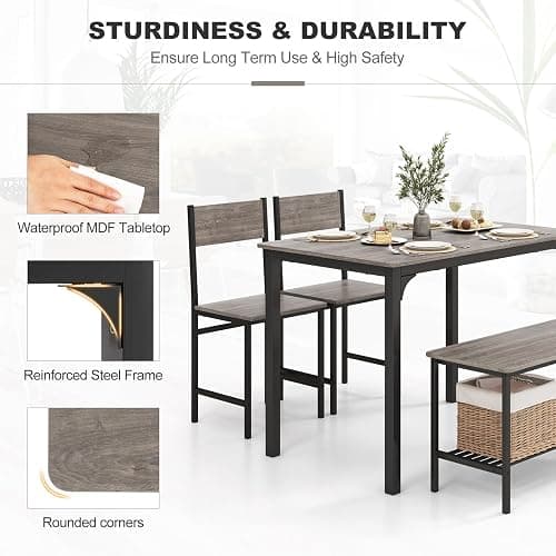 Giantex Dining Table Set for 4, Kitchen Table with Bench and Chairs, Industrial Gathering Bench Dining Set W/Metal Frame & Storage Rack, Dinette Set, Modern Functional Desk Set (Black Oak) thumbnail 8