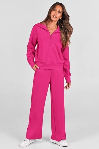 PRETTYGARDEN Women's 2 Piece Outfits Casual Lapel Half Zip Sweatshirts and Wide Leg Pants Tracksuit Sets thumbnail 5