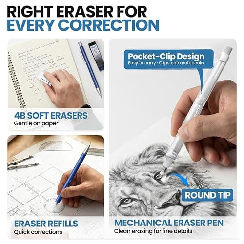 WUO 0.7mm Mechanical Pencil Set with Case, 4PCS Metal Mechanical Pencils with Eraser Pen, 480 HB Lead Refills, 3 Erasers, 11 Eraser Refills, Artist Drafting Pencils for Writing, Drawing, Sketching thumbnail 2