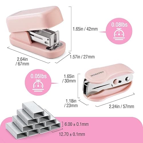 WORKPRO Mini Stapler with Staples, Two Pink Staplers, One Staple Remover | Small Stapler Set, 2000 Standard Staples - Cute Staplers for Desk with Non-Slip Base, Lock Design - Pink Ribbon thumbnail 2