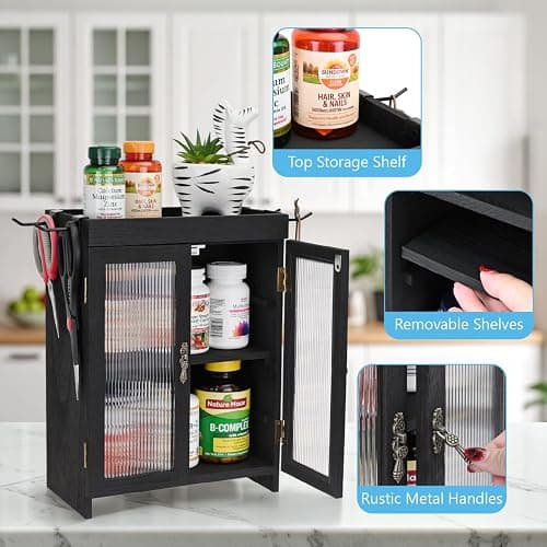 Ikee Design Wooden Countertop Storage Cabinet with Wavy Magnetic Door, Adjustable Shelves, Removable Hooks. Perfect for Perfume, Figurines, and Coffee Cups, Black Color, 10.4 W x 6.1 D x 14.4 H in thumbnail 5
