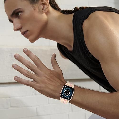 GZ GZHISY Sport Loop Nylon Band Compatible with Apple Watch Band 38mm 40mm 41mm 42mm 44mm 45mm 49mm Ultra 2 iWatch Series 9 8 7 6 SE 5 4 3 2 1 Strap, Fit for iPhone Watch Band Women Men Stretchy - Starlight Pink - 42mm for Series 3/44mm/45mm/46mm/49mm thumbnail 7