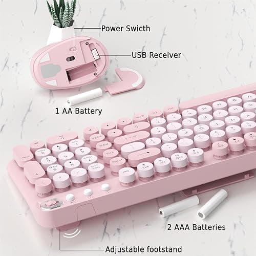 COVEVA Wireless Keyboard and Mouse Combo, 2.4GHz USB Receiver, Plug and Play, Retro Full Size Typewriter Keyboard and Wireless Mouse for Computer, Laptop, Windows, Mac, and PC (Pink) thumbnail 6
