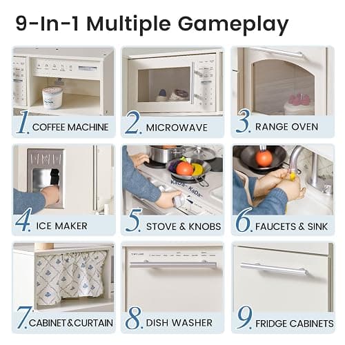 Tiny Land Play Kitchen for Kids, Upgraded Wooden Kitchen Toy with Complete Play Areas, Pretend Cooking Set with Sink, Stove, Microwave, Toy Coffee Station & Storage for Kids Ages 3+ thumbnail 3
