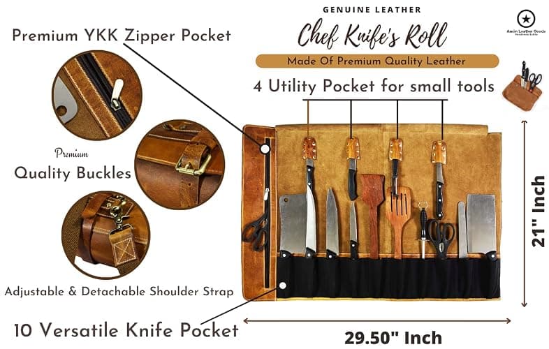 Aaron Leather Goods Vendimia Estilo Leather Knife Roll Storage Bag, Elastic and Expandable 10 Pockets, Adjustable/Detachable Shoulder Strap, Travel-Friendly Chef Knife Case Roll (Caramel, Leather) thumbnail 6