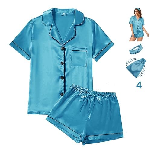 WJing Yi Jia 4Pcs Womens Satin Silky Pajama Sets Short Sleeve Shirt XS-4XL Floral Pajamas Set Soft PJ Loungewear Sleepwear thumbnail 6