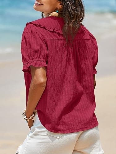Tankaneo Womens Puff Sleeve Shirts Peter Pan Collar Button Down Tops | Cotton Blouse, Casual, Summer, Short Sleeve, Cute, Textured Tops, Lightweight & Breathable thumbnail 6