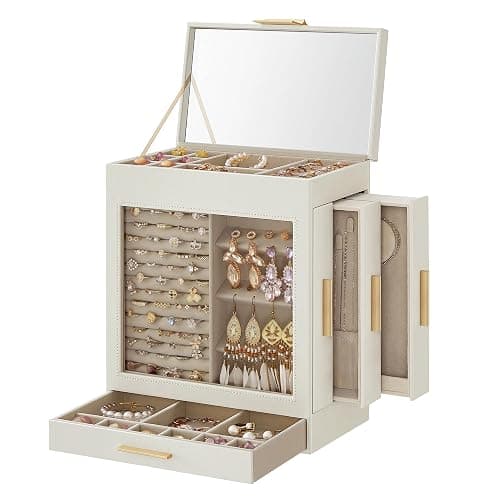 SONGMICS Jewelry Box with Glass Window, 5-Layer Jewelry Organizer with 3 Side Drawers, Jewelry Storage, with Big Mirror, Modern, 6.1 x 10.3 x 12.6 Inches, Cloud White and Metallic Gold UJBC162W01 - Image 1