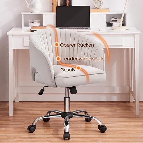 Yaheetech Schminkstuhl mit Samtbezug, Schreibtischstuhl mit Armlehnen, Drehstuhl mit Rollen, Höhenverstellbar Homeoffice Stuhl, Bürosessel mit Schaukelfunktion, drehbar Polsterstuhl Cremeweiß thumbnail 8