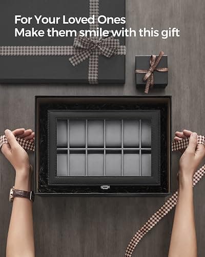SONGMICS Watch Box, 12-Slot Watch Case with Large Glass Lid, Removable Watch Pillows, Watch Box Organizer, Gift for Loved Ones, Black Synthetic Leather, Christmas Gift, Black Lining UJWB012B01 thumbnail 7