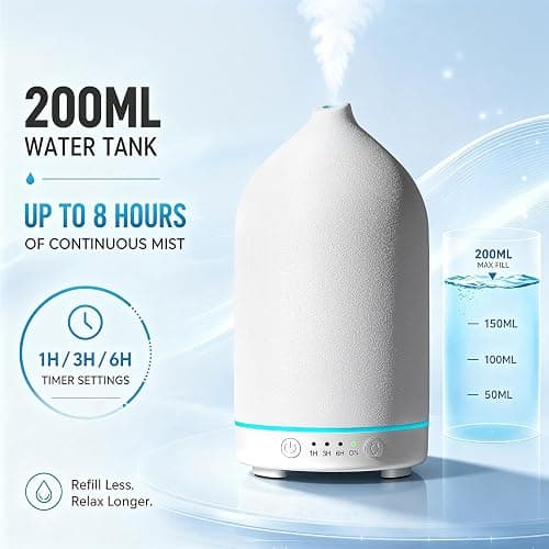 Gooamp 200ML Ceramic Essential Oil Diffuser for Home, Stone Diffuser | Ultrasonic Aromatherapy Diffuser & Air Humidifier for Bedroom, Office, Yoga, 7 LED Lights, Auto Shut-Off, 3 Timers, White thumbnail 3