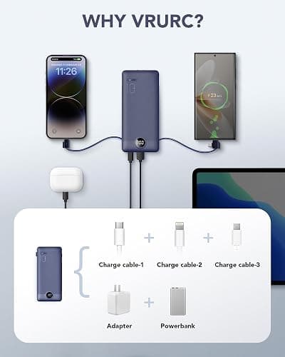 VRURC Portable Charger Built-in Cables and AC Wall Plug, USB C Power Bank 10000mAh, Travel Battery Portable Phone Charger Compact Lightweight External Battery Pack for Smart Phones, Tablets etc-Navy thumbnail 5