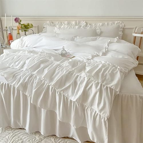 IHOUSTRIY Ruffle Duvet Cover Queen Size,100% Washed Microfiber 3pcs Bedding Duvet Cover Set, Shabby Chic Farmhouse Duvet Cover and Pillow Shams, Zipper Closure & Corner Ties, Easy Care, White - Queen thumbnail 2