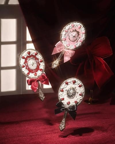 Flower Knows Strawberry Cupid Hand Mirror,Vintage Handheld Mirror,Fancy & Pretty Princess Mirror with Long Handle,Gift for Girls & Women(Red Velvet) thumbnail 8