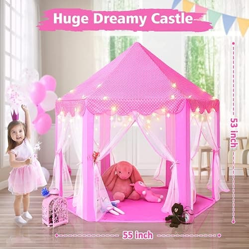 Monobeach Princess Tent Girls Large Playhouse Kids Castle Play Tent with Star Lights Toy for Children Indoor and Outdoor Games, 55'' x 53'' (DxH) - 01 Pink Tent with Little Star Lights thumbnail 7