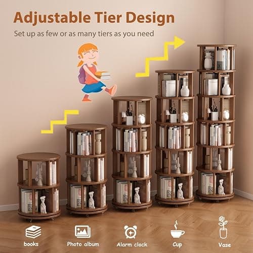 Muwuele 6 Tier Rotating Bookshelf Tower, Solid Wood Bookshelf on Wheels, Circular Book Shelf Rotating, Revolving Bookcase for Small Spaces, Corner Book Case, Spinning Book Shelf for Bedroom, Walnut thumbnail 7