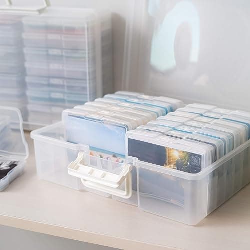 IRIS USA 4" x 6" Photo Storage Box Craft Keeper, Transparent Handle Container with 16 Organization Holder Cases for Pictures, Tasks, Scrapbooking, Stationery Storage, Clear thumbnail 2